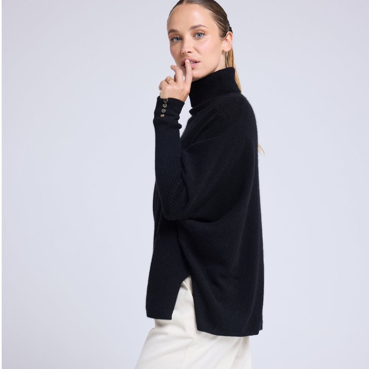 Pull Col Roulé Boutons Dorés Poncho Rolanda - Noir - S - M