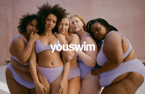 Three women of different body types wearing swimsuits by Youswim, celebrating diversity and inclusivity.